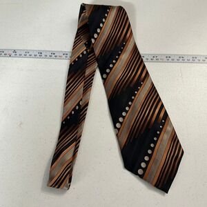 Emilio Ponti Mens Silk Tie Black Copper Silver Striped Geometric Italian Luxury